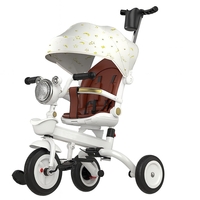 Tricicleta multifunctionala pentru Copii, Flippy, Cu Copertina Pliabila, Tip Impingere, Scaun Rotativ cu Functie Sezut si Culcat, Ghidon cu Cos Lumini si Muzica, Suport Pahar, 80 x 60 x 53 cm, Alb Ivory