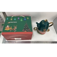 Set de Ceai, Flippy, Tema Craciun, Ceainic 450 ml, 2 x Cani 250 ml, din Ceramica, Model Ren, Verde/Turcoaz