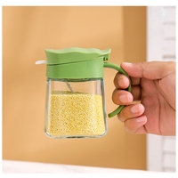 Recipient Condimente, Flippy, din Stilca, 180 ml, cu Maner si Lingurita, 11.3 x 8.2 cm, Capac Ondulat, Verde