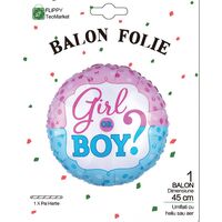 Balon din Folie Metalizata, Flippy, Figurina Rotunda, Model Girl or Boy, Tema Gender Reveal, 45 cm, Ambalaj Individual, Pai Inclus, Umflare cu Aer sau Heliu, Albastru/Roz