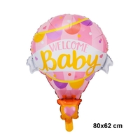 Balon din Folie Metalizata, Flippy, Mini Figurine, Model Balon cu Aer Cald Fetita, Tematica Welcome Baby, 80x62 cm, Ambalaj Individual, Pai Inclus, Umflare cu Aer sau Heliu, Roz