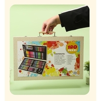 Set 180 Piese pentru Desen si Pictura, Flippy, Tip Servieta din Lemn, Model Natur, 46 x 30.9 x 4.1 cm, Multicolor