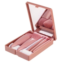 Set 5 Mini Pensule de Machiaj, Flippy, Portabile, in Carcasa cu Oglinda, din Par Sintetic Moale, Roz Pastel, 12x7x2.5 cm