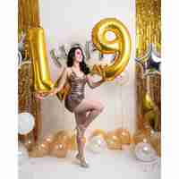 Balon din Folie Metalizata Flippy, Figurina Cifra, Tema Aniversare 80 cm, Ambalaj Individual, Pai inclus, Umflare cu Aer sau Heliu, Auriu, Cifra 9