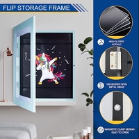 Rama Foto Flippy, cu Magnet, din Lemn, cu Spatiu Pentru Depozitare, Pentru Desene si Picturi A4, Sticla Securizata, Rama MDF, 21x30 cm, Albastru