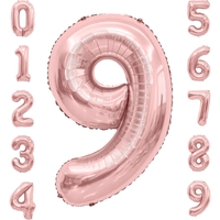 Balon din Folie Metalizata Flippy, Figurina Cifra, Tema Aniversare 100 cm, Ambalaj Individual, Pai inclus, Umflare cu Aer sau Heliu, Coral, Rose Gold, Cifra 9