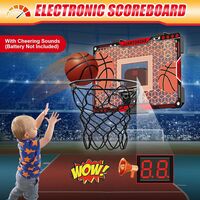 Cos de Baschet pentru Copii, Flippy, cu Tablou de Bord Electronic, Minge, Pompa, 2 Moduri, Interior/Exterior, Inel Metalic si Rabatabil cu Arc, Luminos, 41x27.5x5 cm, Multicolor