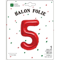 Balon din Folie Metalizata Flippy, Figurina Cifra, Tema Aniversare 40 cm, Ambalaj Individual, Pai inclus, Umflare cu Aer sau Heliu, Rosu, Cifra 5
