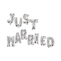 Set Baloane din Folie Metalizata, Flippy, Figurine Litere, Model Just Married, Tema Nunta, 40 cm, Baloane Party, Ambalaj Individual, Pai inclus, Umflare cu Aer sau Heliu, Argintiu