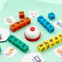 Joc cu Blocuri din Lemn, Flippy, Formare Cuvinte, Cartonase cu Obiecte si Animale, Clopotel, Joc pentru 4 Persoane, 3 Ani+, 28x15.5x5 cm, Multicolor