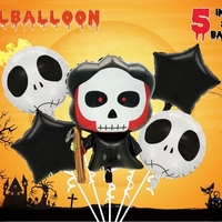Set 5 Baloane din Folie Metalizata, Flippy, Figurine, Tema Halloween, Pai Inclus, Ambalaj Individual, Umflare cu Aer sau Heliu, Figurina Craniu 50.5x74 cm, Stelute si Cerculete 45 cm, Alb-Negru