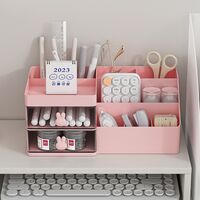 Cutie de Depozitare pentru Birou, Flippy, Pentru Makeup, Papetarie, Organizator Cosmetice, 2 Sertare si Compartimente Multiple, Model Iepuras, Plastic, 27.5x15.5x12 cm, Roz