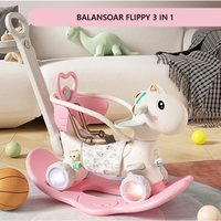 Balansoar pentru Copii, Flippy, 3in1, cu Spatar si Bara de Siguranta, Maner cu Cos de Basket, Tava de Masa, Roti Luminoase, 80 x 43 x 83 cm, din Plastic, + 3 Ani, Roz