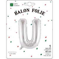 Balon Folie Metalizata Litera U, Flippy, 40 cm, Umflati cu Heliu sau Aer, Ambalaj Individual, Pai inclus, Argintiu