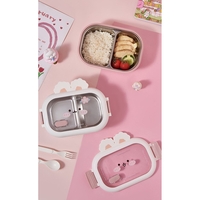 Cutie pentru Pranz sau Gustari, Flippy, cu Doua Compartimente, Model Iepuras, pentru Copii si Adulti, Etansare, PP, Perfect pentru Scoala si Birou, 1000 mL, 22x17.8x8 cm, Alb