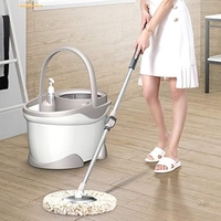Set Galeata si Mop Rotativ 360°, Flippy, Cu Dubla Actiune Centrifuga, Pentru Uz Casnic, Maner din Otel Inoxidabil Telescopic, 2 Capte din Bumbac, 46x27x29 cm, Alb