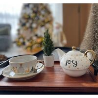 Set de Ceai, Flippy, Tema Craciun, Ceainic 420 ml, Cana 310 ml, Farfurie, din Portelan, Model Joy, Alb