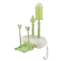 Set 7 Piese de Spalat/Uscat Biberoane, Flippy, Portabil, Peri de Silicon, pentru Tetine, Suzete, Biberoane, Paie, Cutie Inclusa, 16 x 11 x 5 cm, Model Ursulet, Verde