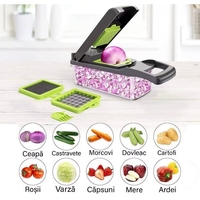 Feliator Multifunctional, Flippy, Razatoare, 8 in 1, pentru Fructe si Legume, 10 Piese, Lame de Inox, Recipient Stocare, Separator Oua, Protectie Mana, ABS, 32.2x11.3 cm, Verde/Gri