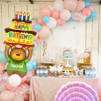 Balon din Folie Metalizata, Flippy, Figurine Animalute, Model Ursulet cu Tort Aniversar, 124x65 cm, Ambalaj Individual, Pai Inclus, Umflare cu Aer sau Heliu, Multicolor