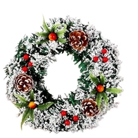 Coronita pentru Craciun Flippy, diametru 20 cm, din brad artificial, decorata cu conuri si merisoare, inzapezit, Verde/Alb