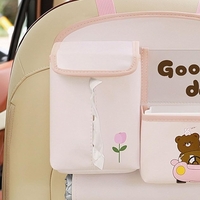 Geanta Multifunctionala de Depozitare, Flippy, pentru Bancheta din Spate a Masinii, Animat, Model Ursuleti, Scris Good Day, Suport Servetele si Telefon, 25x31 cm, Roz