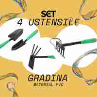 Set 4 Unelte de Gradina Flippy, pentru Plantare Prelucrare Sol si Ingrijire Plante, Material PVC si cardboard, 31.5 x 8.5 cm, verde