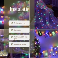 Instalatie de Craciun Liniara RGRB Yoto, 10 m, din care 1 m Prelungitor 220V, 40 LED, Bilute Mate, Interconectabila, Utilizare Interior/Exterior, Fir Negru, multicolor