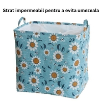 Cos depozitare, Flippy, Capac cu Snur, 175 L, Confectionat din Bumbac si un Strat Impermeabil, 50 x 50 x 70 cm, Albastru Deschis, Imprimeu Flori