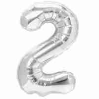 Balon din Folie Metalizata, Flippy, Figurina Cifra, Tema Aniversare 80 cm, Ambalaj Individual, Pai inclus, Umflare cu Aer sau Heliu, Argintiu, Cifra 2
