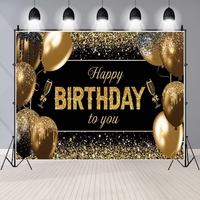 Banner Tip Fundal pentru Poze, Flippy, din Panza, 185 x 110 cm, Sfoara 6 m, Prindere in 4 Colturi, Happy Birthday to You, Negru/Auriu