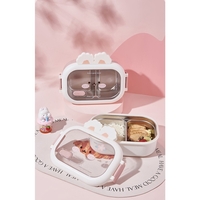 Cutie pentru Pranz sau Gustari, Flippy, cu Doua Compartimente, Model Iepuras, pentru Copii si Adulti, Etansare, PP, Perfect pentru Scoala si Birou, 1000 mL, 22x17.8x8 cm, Alb