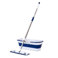 Mop Plat, Flippy, cu Galeata Pliabila, 2 Rezerve din Microfibra, 127 cm Tija Telescopica, Utilizare Umeda/Uscata, Recipient Lichid, Albastru