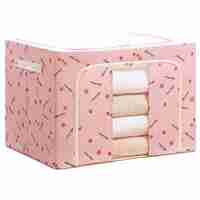 Cutie de Depozitare Pliabila, Flippy, Cu Fermoar, 100 L, Textil, 60x42x40 cm, cu Fereastra, Cadru Metalic, Suport Baza Stabil din Plastic, Imprimeu Cirese, Roz