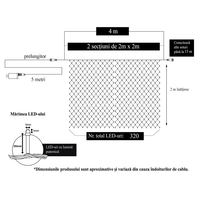 Instalatie Craciun, Tip Plasa, 4 m x 2 m, 320 LED-uri, Alb cald, 8 jocuri de lumini, Transformator, Interconectabila, Prelungitor 5 m inclus, Fir transparent, Flippy