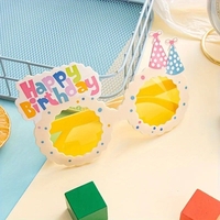 Ochelari Decorativi, Flippy, pentru Petrecere, din ABS, Unisex, Model Happy Birthday, 13.5 x 8.5 cm, Bej cu Lentile Galbene