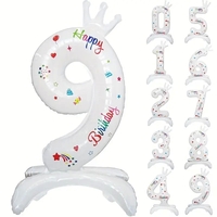 Balon din Folie Metalizata, Flippy, Figurina Cifra, Model 9 cu Happy Birthday Scris, Tema Aniversare 81 cm, Ambalaj Individual, Pai Inclus, Umflare cu Aer sau Heliu, Alb