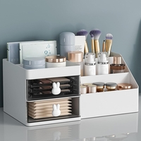 Cutie de Depozitare pentru Birou, Flippy, Pentru Makeup, Papetarie, Organizator Cosmetice, 2 Sertare si Compartimente Multiple, Model Iepuras, Plastic, 27.5x15.5x12 cm, Alb