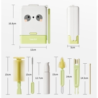 Set 7 Piese de Spalat/Uscat Biberoane, Flippy, Portabil, Peri de Silicon, pentru Tetine, Suzete, Biberoane, Paie, Cutie Inclusa, 16.8 x 12 x 5 cm, Model Panda, Verde