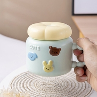 Cana pentru Copii, Flippy, din Portelan, print Figurine Animalute, Model CUTE, Cana cu Capac, Ceasca pentru Cafea, Ceai, 400ml Albastru deschis