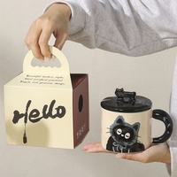 Cana din Ceramica, Flippy, Model in Cutie pentru Cadou, Cana pentru Ceai, Cafea, Cana Retro Design Capac cu Figurina 3D, 9.5 x 8 x 8 cm, 360 ml, Bej, Print Pisica Albastru Negru