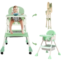 Scaun de Masa 2in1, Flippy, pentru Copii de la 6 luni - 5 Ani, Inaltime Reglabila, Centura in 5 Puncte, Tava de Masa, Roti cu Frana, Cos Depozitare, Jucarie Inclusa, 94 x 78 x 60 cm, Verde