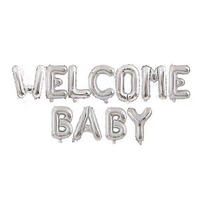 Set Baloane din Folie Metalizata, Flippy, Figurine Litere, Model Welcome Baby, Tema Aniversare, 40 cm, Ambalaj Individual, Pai inclus, Umflare cu Aer sau Heliu, Argintiu