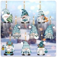 Set 18 Decoratiuni de Craciun din Lemn, Flippy, cu Snur pentru Agatare in Brad, Model Gnomi, Diferite Dimensiuni, Albastru