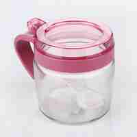 Recipient Condimente, Flippy, din Stilca, 180 ml, cu Maner si Lingurita, 8 x 9 cm, Capac Transparent, Roz