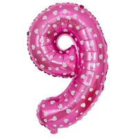 Balon din Folie Metalizata Flippy, Figurina Cifra, Imprimeu Inimi, Tema Aniversare 80 cm, Ambalaj Individual, Pai inclus, Umflare cu Aer sau Heliu, Roz, Cifra 9