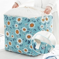 Cos depozitare, Flippy, Capac cu Snur, 175 L, Confectionat din Bumbac si un Strat Impermeabil, 50 x 50 x 70 cm, Albastru Deschis, Imprimeu Flori