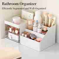 Cutie de Depozitare pentru Birou, Flippy, Pentru Makeup, Papetarie, Organizator Cosmetice, 2 Sertare si Compartimente Multiple, Model Iepuras, Plastic, 27.5x15.5x12 cm, Alb