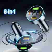 Incarcator Auto 6 in 1, Flippy, 2 x Port USB Fast Charge QC3.0 si 4 x Type C, PD 65W, Negru