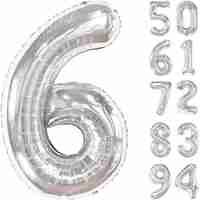 Balon din Folie Metalizata, Flippy, Figurina Cifra, Tema Aniversare 80 cm, Ambalaj Individual, Pai inclus, Umflare cu Aer sau Heliu, Argintiu, Cifra 6